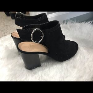 Black micro suede open toe heeled pumps